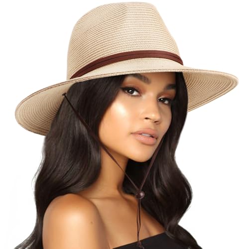 AQOKKA Summer Straw Fedora Hat for Women Men Travel Panama Hat with Wide Brim Roll Up Sun Hat for Beach Outdoor UPF 50+ - color: Panama Hat : Beige a