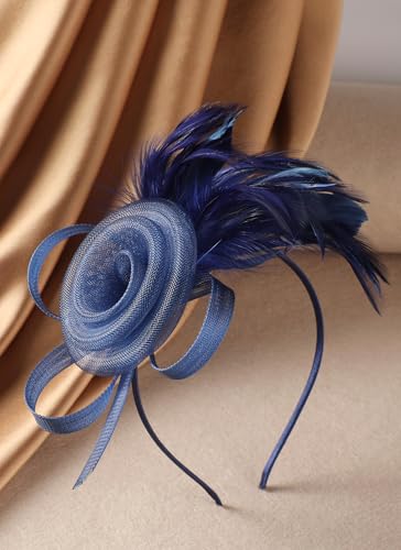 Zinniday Victorian Feather Fascinators Hats - 2025 Derby Attire Headwear with Hairpin,1920s Tea Party Hat for Woman - color: Navy Blue