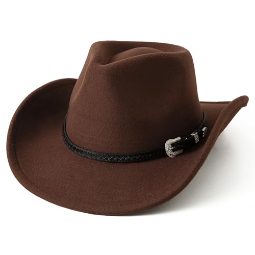 JOYEBUY Kids Western Cowboy Hat for Boys Girls Classic Fedora Hat Felt Cowboys Hats with Leather Buckle - color: Coffee