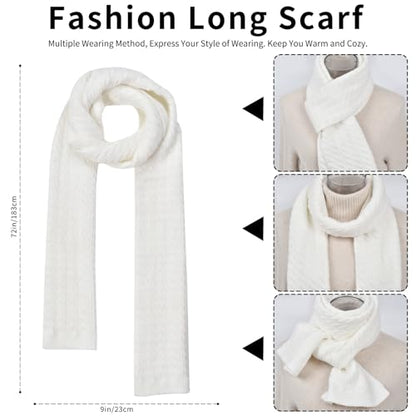 Winter Hat Scarf Gloves Set for Women, Classic Cable Beanie with Removable Pom Pom Long Scarf Touchscreen Gloves 3 in 1 Set - color: White