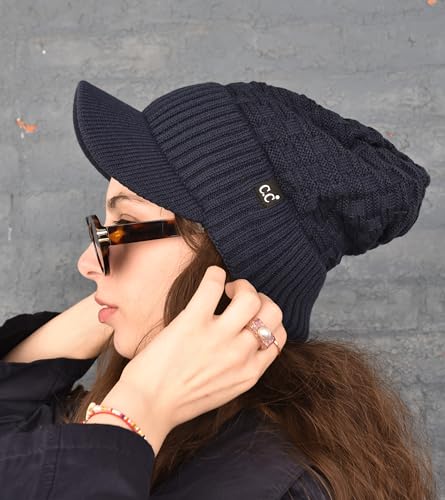 C.C Fuzzy Fleece Lined Warm Oversized Chunky Soft Stretchy Oversized Two Way Ribbed Slouchy Knit Hat with Visor Brim - color: Navy Blue