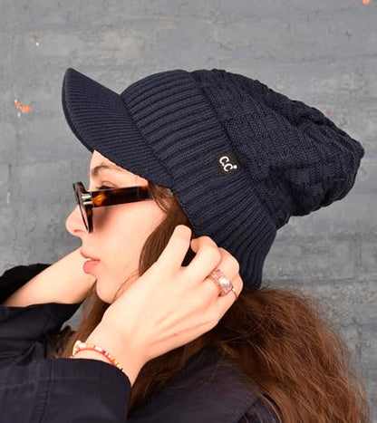 C.C Fuzzy Fleece Lined Warm Oversized Chunky Soft Stretchy Oversized Two Way Ribbed Slouchy Knit Hat with Visor Brim - color: Navy Blue