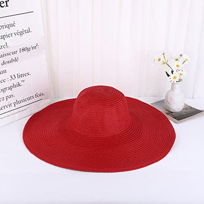 Big Beach Hats for Women Foldable Summer Wide Brim Packable Oversized Sun Hat Lady Girl Travel Straw Cap - color: Red