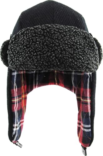 Wool Blend Aviator Trapper hat Trooper Ear Flaps Ushanka Eskimo Russian Warm Winter Cold… - color: Black Plaid Lining