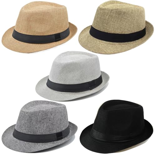 5 Pack Bulk Cuban Fedora Sun Hats Men with Adjustable Strap, Short Brim 1920s Unisex Party Costume Hats Women. - color: D.grey+l.grey+khaki+beige+cream Beige (Size:m-l)