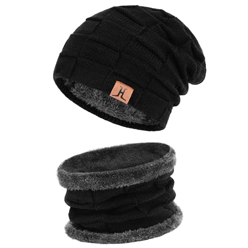 FZ FANTASTIC ZONE Men's Winter Beanie Hats Neck Warmer Warm Infinity Scarf - color: Pure Black