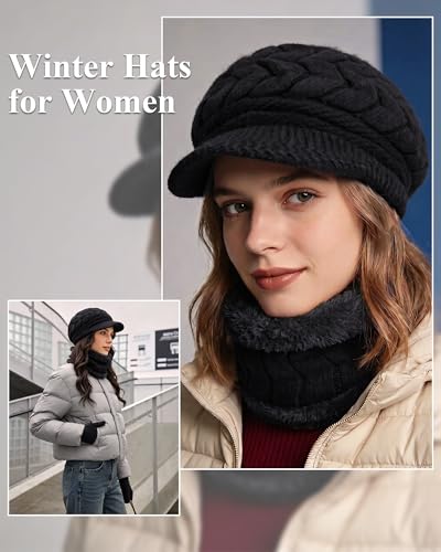 Loritta 3 in 1 Womens Winter Hat Gloves Scarf Set, Warm Hat Mittens - color: A-black