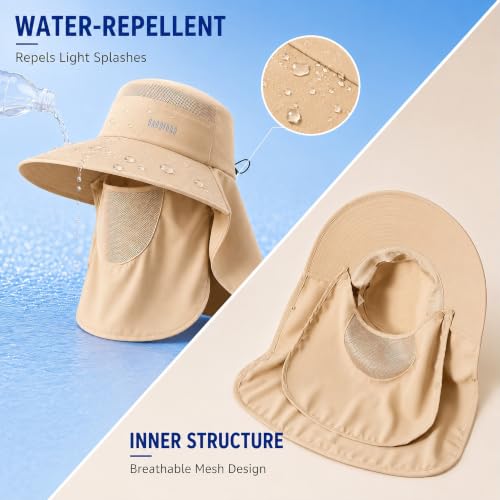 HUAMULAN Women Wide Brim Sun Hat Ponytail UV Protection Visor Fishing Cap - color: Khaki