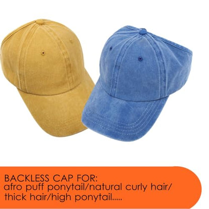 2 Pack Backless Cap for Women Natural Curly Hair Hat Baseball Cap Afro Puff Ponytail Hat - color: B-blue+yellow