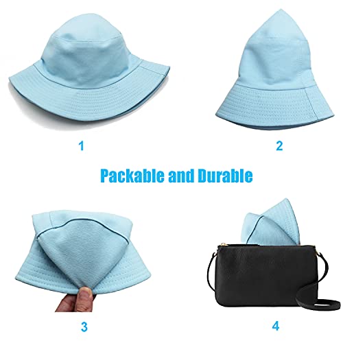 Bucket Hat for Women Men, Reversible Cotton Summer Sun Beach Cap Solid Color Style - color: A-sky Blue