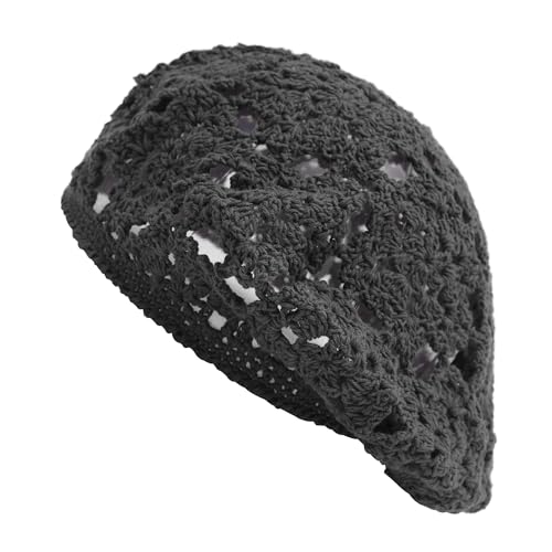 ZLYC Women Cotton Slouchy Crochet Beret Handmade Cutout Floral Beanie Hat - color: Floral Gray