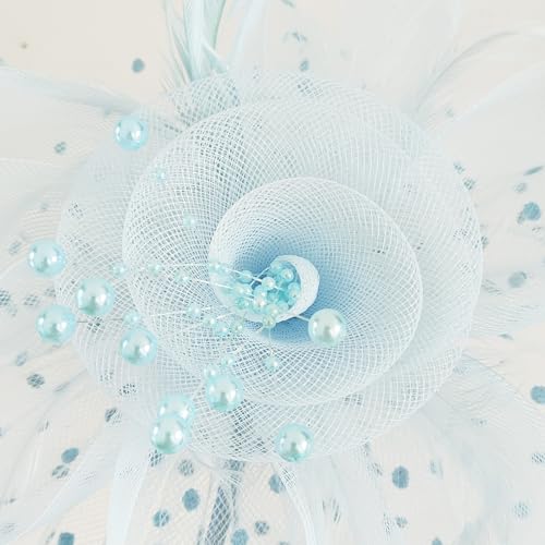 WLBON Fascinators Hat 20s 50s Headband Hair Clips Flower Mesh Veil Feather Headpiece Headwear Women Halloween Carnival Cocktail Wedding Church Cosplay Dress Up Birthday Tea Party Accessories Blue - color: Light Blue