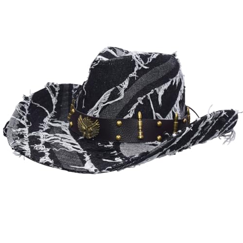Western Cowboy Hat for Man Women Classic Cowgirl with Buckle Belt Shapeable Wide Brim Outback Hat - color: Black