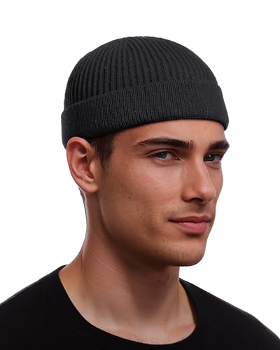 vidsel Thin Wool Fisherman Beanie for Men Short Knit Cuff Trawler Watch Hat - color: 1pcs-black