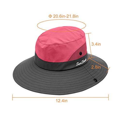 IYEBRAO Kids UV Sun Hat with Ponytail Hole UPF 50 Bucket Cap for Girls Summer Beach ＆ Fishing - color: Watermelon Red