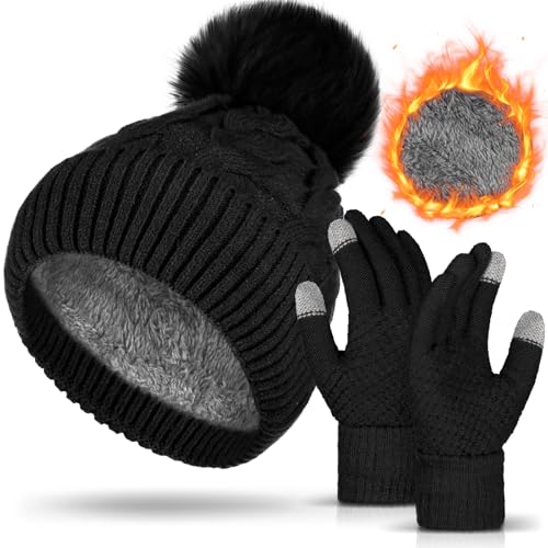 Womens Winter Fleece Lined Knitted Beanie Hat Glove Set, Warm Pom Pom Beanie Knit Cap Touchscreen Gloves for Women - color: Black