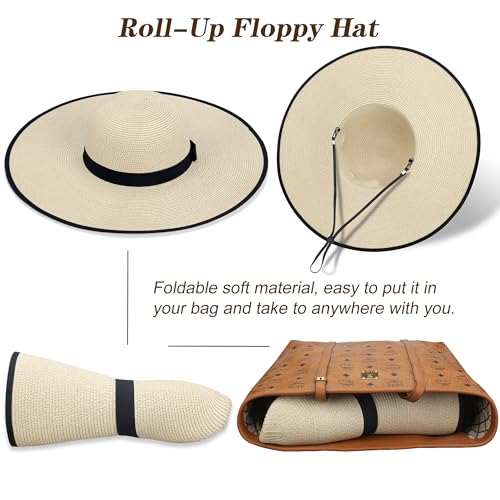 Women Wide Brim Sun Hat UPF50 Straw Summer Hat Floppy Beach Hat Roll-Up - color: Beige