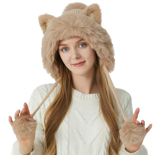 HUAMULAN Women Winter Sherpa Knit Beanie Hat Fleece Lined Ear Flaps - color: Khaki Solid