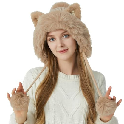HUAMULAN Women Winter Sherpa Knit Beanie Hat Fleece Lined Ear Flaps - color: Khaki Solid