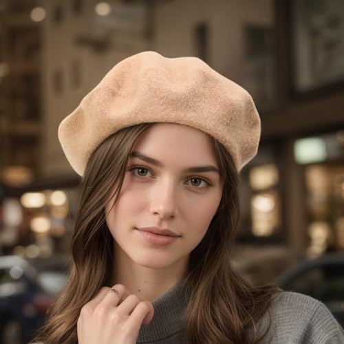 French Beret Hats for Women - Classic Wool Beret Hats Soft Knit Winter Cloche for Daily Outfits - color: Camel