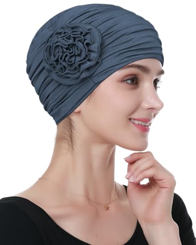 Alnorm Flower Design Chemo Hair Loss Caps Cancer Headwear for Women - color: Dark Blue Gray