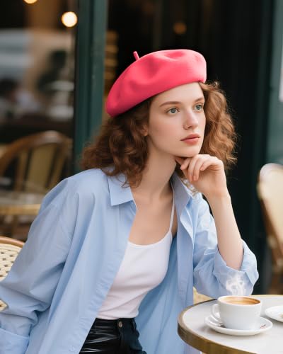 French Beret Hats for Women - Wool Solid Color Beanie Cap - color: Hot Pink