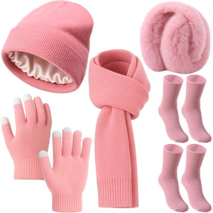 Geyoga 6 Pcs Winter Knit Set with Knit Beanie Hat Long Scarf Touchscreen Gloves Foldable Earmuff Fleece Socks for Women - color: Pink, style: Trendy Style