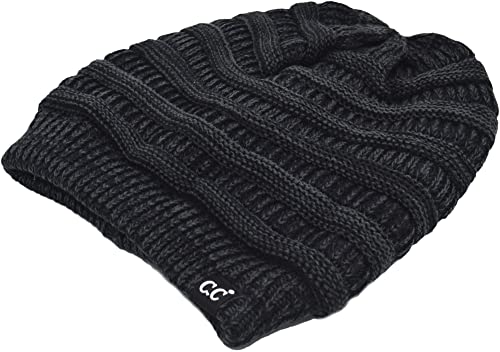 C.C Beanie Oversized Hat with Fuzzy Lining – Thick Knit Thermal Beanie for Cold Weather, Soft Warm Fleece Lined Cap - color: 2 Tone Black / Charcoal