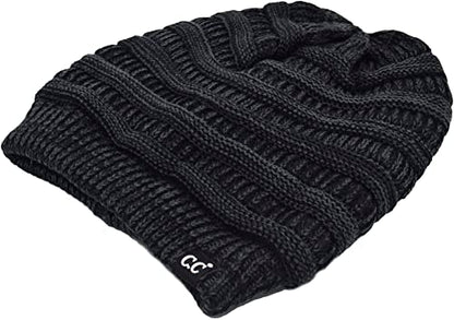 C.C Beanie Oversized Hat with Fuzzy Lining – Thick Knit Thermal Beanie for Cold Weather, Soft Warm Fleece Lined Cap - color: 2 Tone Black / Charcoal
