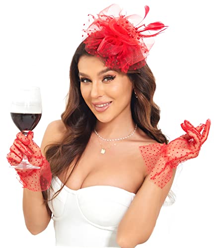 Fascinators Hat Clip Hat Wedding Cocktail Tea Party Headwear and Short Lace Bowknot Gloves for Women - color: Red