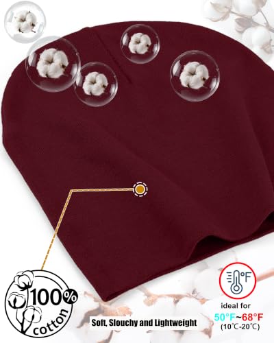 ROYBENS Thin 100% Cotton Beanie for Men Women Lightweight Slouchy Chemo Hat - color: 1pcs-wine Red