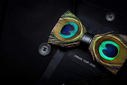 RBOCOTT Handmade Feather Pre-tied Bow tie and Brooch Sets for Men - color: Peacock Blue/Brown