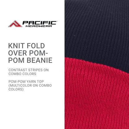 Pacific Headwear Unisex Adult Pacific Headwear Knit Fold Over Pom-pom Beanie - color: Black/Red, size: One Size