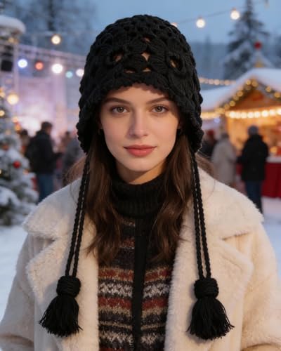 MINGSEECESS Women Girls Knitted Beanie Hat Crochet Braided Knit Warmer Cap Skiing Snowboarding Ear Flap Hats - color: Knitted-black