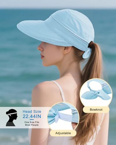 Century Star Sun Hat for Women Wide Brim Zip-Off Beach Hat Visor Ponytail UV Protection Summer Visors - color: Blue