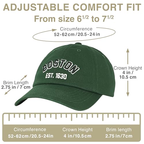 E BY ELIDAN Boston EST 1630 Dad Hat, Embroidered Cotton Baseball Cap - color: Dark Green