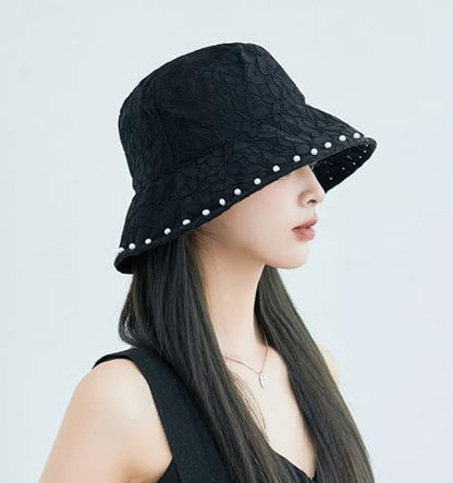 Summer Hats Women 2026 Fashionable Wide Brim Bucket Hat Lace Sunhat Slouchy - color: Black