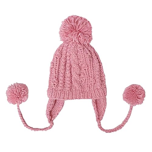 Women Winter Crochet Hat Cable Knit Beanie Ski Ear Flaps Pom Cap - color: Pink