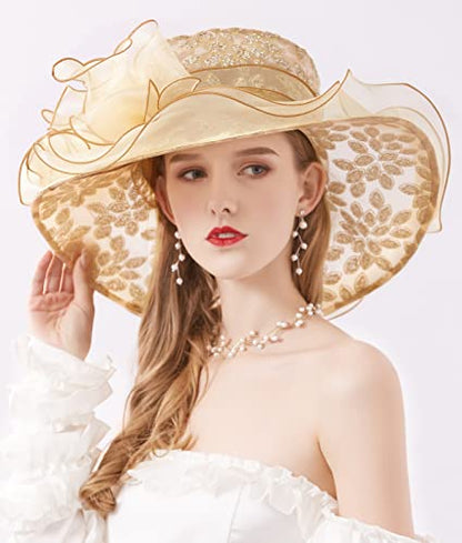 Z&X Organza Church Fascinator Wedding Tea Party Derby Hats for Women Flower Wide Brim Sun Hats - color: 01a Gold