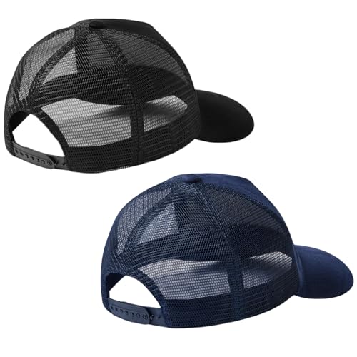 Suede Curved Brim Trucker Cap Adjustable Snapback Hat Mesh Back Breathable for Men Women 2 Pack SH03 - color: Pack of 2, Black & Dark Blue