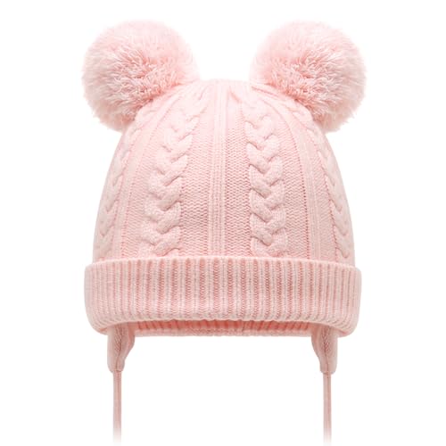 Duoyeree Toddler Winter Hat, Earflap Double Pom Pom Knit Beanie 0-36M - color: Poms-pink, size: 12-36 Months