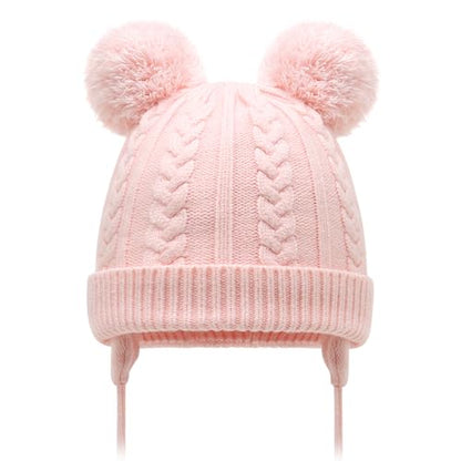 Duoyeree Toddler Winter Hat, Earflap Double Pom Pom Knit Beanie 0-36M - color: Poms-pink, size: 6-12 Months