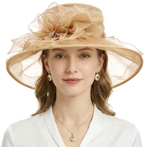AQOKKA Women Organza Church Fascinators Kentucky Derby Hats for Women and Girls Wedding Flower Tea Party Hat with Wide Brim - color: Khaki