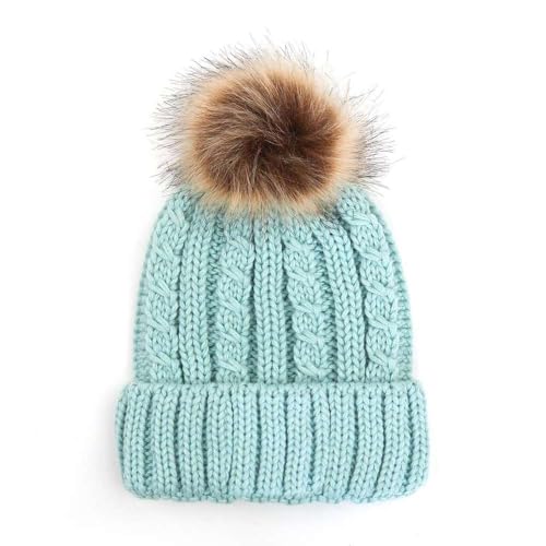 C.C Kids' Suede Patch Snuggly Soft Warm Knit Pom Cuff Beanie - color: Cable Knit Faux Fur, Mint