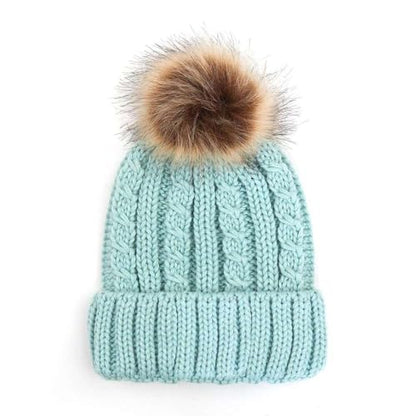 C.C Kids' Suede Patch Snuggly Soft Warm Knit Pom Cuff Beanie - color: Cable Knit Faux Fur, Mint