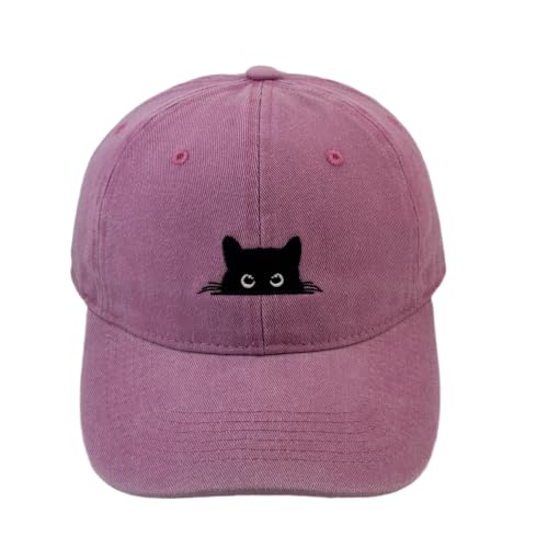 Peeking Black Cat Embroidered Washed Baseball Cap, Adjustable Vintage Dad Hat for Cat Lovers Unisex - color: Pink