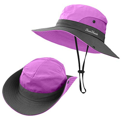 2 Pieces 5-14Y Kids Summer Sun Hat Wide Brim UV Protection for Girls Ponytail Beach Bucket Cap - color: Purple＆sky Blue