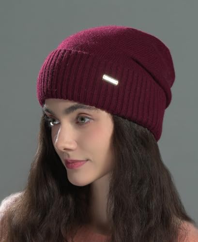 jaxmonoy Slouchy Beanies for Women Winter Lightweight Ladies Knit Hat Cuffed Soft Warm Slouch Beanie Cap - Brown - color: Wine Red