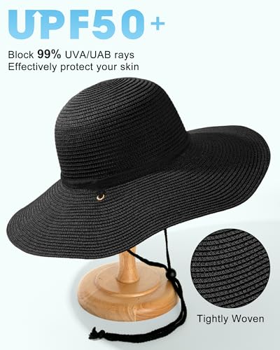 Sun Hats for Women, Summer Wide Brim Straw Beach Hat - color: Black, size: Large