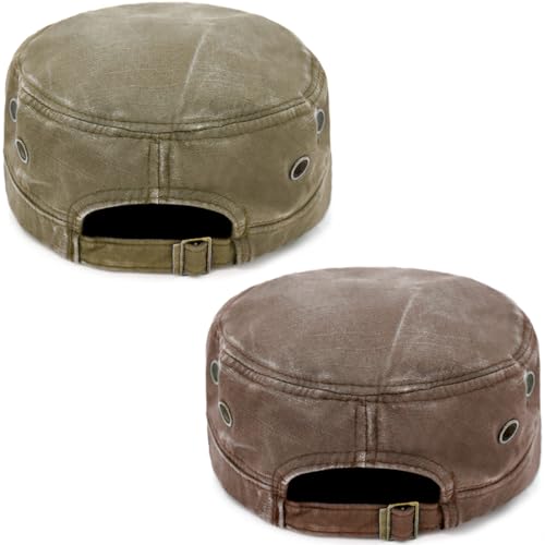 Cadet Army Hat 2 Pieces Flat Top Cap Unisex Military Hat for Women Men - color: Army Green E + Brown E